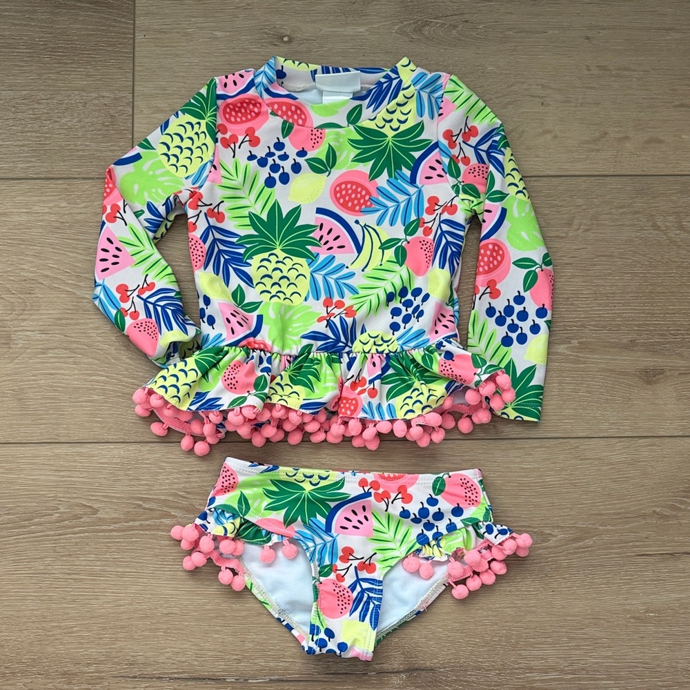 Toddler Long Sleeve Tropical Pom-Pom Rash Guard Swim Set